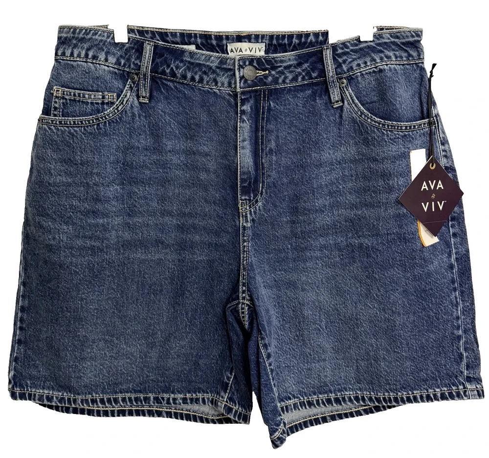 Ava & Viv High Rise Midi Shorts Women's 16 Blue Dark Wash Denim Relaxed Fit NEW